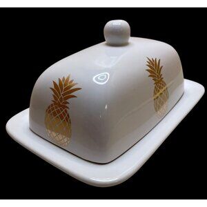 White Ceramic Butter Dish With Gold Pineapple Design By Signature Housewares